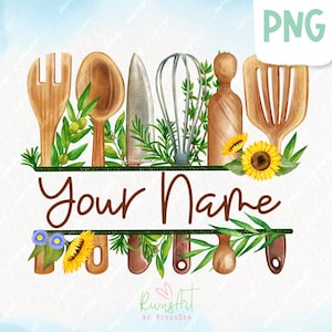 Küchen Monogramm Split-Rahmen-Design, Kochen png Clipart, Flourish Kitchen, Küchenutensilien aus Holz, Handtuch Name Sublimation