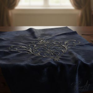 May include: A dark blue velvet cloth with an embossed floral design. The cloth is draped over a wooden table, with a pair of scissors and wire-rimmed glasses nearby. The scene is lit by natural light.