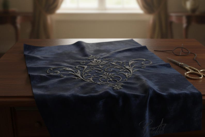 May include: A dark blue velvet cloth with an embossed floral design. The cloth is draped over a wooden table, with a pair of scissors and wire-rimmed glasses nearby. The scene is lit by natural light.