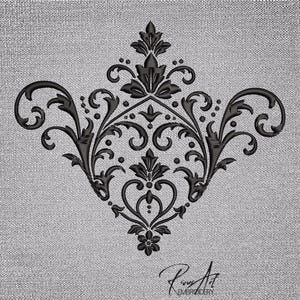 May include: Black damask embroidery design on a silver background. The design features symmetrical floral and scroll elements. The image includes the text "Ring Art Embroidery" in a script font.
