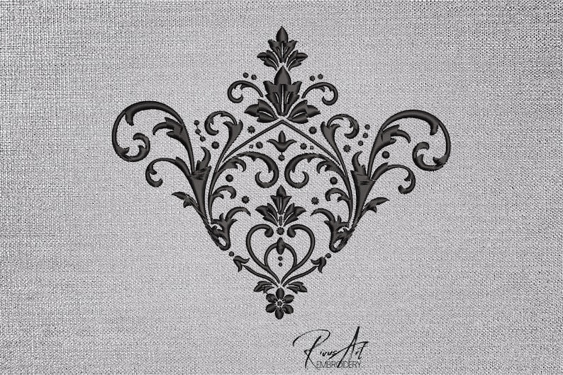 May include: Black damask embroidery design on a silver background. The design features symmetrical floral and scroll elements. The image includes the text "Ring Art Embroidery" in a script font.