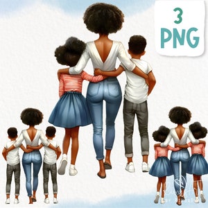 Mother’s Day PNG clipart. African American mother, Black Mom of two kids back, two boys, two girls, son, daughter, brown girls, mom of twins