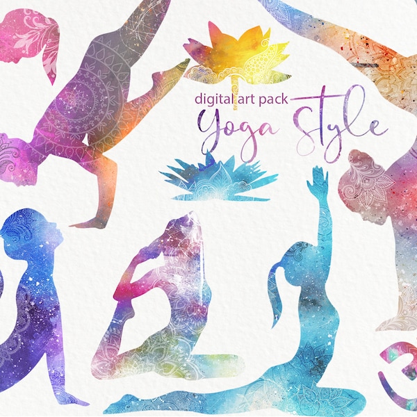 Watercolor Yoga Clipart Yoga poses PNG Graphics Design Rainbow Indian, Thai, Zen, Relax, Meditation, Fitness, Lotus, Omm, Commercial use.