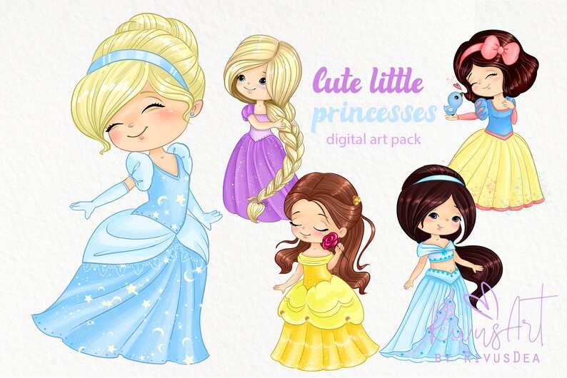 May include: Digital art pack featuring five illustrations of cute princesses in various poses. The princesses are dressed in colorful gowns with intricate details. The text "cute little princesses digital art pack" is displayed at the top of the image.