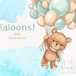 Beer met ballonnen, png PNGEgg | Mint ivoor | Sublimatie babybeer | Ballonnen clipart | Oh Boy teddybeer Clipart babyshower digitale download