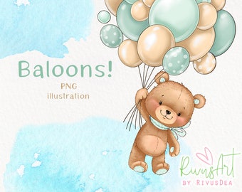 Bear with balloons PNG | Mint ivory | Baby bear sublimation | Balloons clipart | Oh Boy Teddy Bear Clipart baby shower digital download