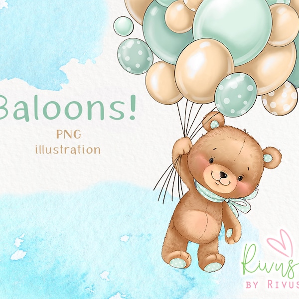 Bear with balloons PNG | Mint ivory | Baby bear sublimation | Balloons clipart | Oh Boy Teddy Bear Clipart baby shower digital download