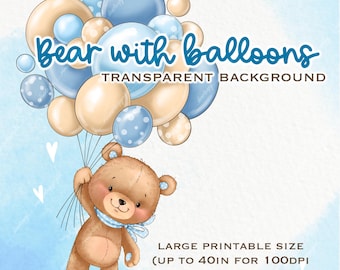 Bear with balloons PNG | Baby bear sublimation | Balloons clipart | Oh Boy Teddy Bear Clipart | teddy bear PNG baby shower digital download