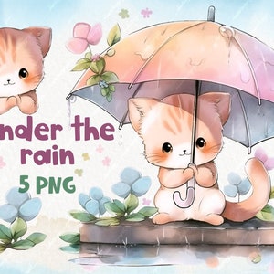 Cat Clipart l Rainy Day PNG l Spring clip art l Kitten PNG l Rainy Day Watercolor Clipart l Rain sublimation l April Showers graphics