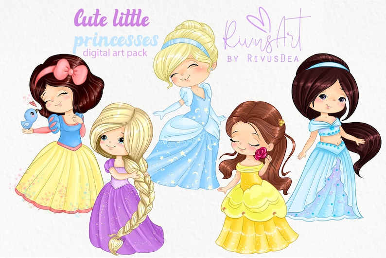 May include: Cute little princesses digital art pack featuring Snow White, Cinderella, Rapunzel, Belle, and Jasmine. Each princess is illustrated in a cartoon style with bright colors and sparkling details.