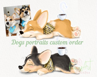 Custom Pet Portrait. 2 Pets digital print. Dog cartoon portrait. Pet Portrait Custom, Cartoon Dog Portrait, Digital Pet Portrait