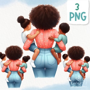 Muttertag PNG Clipart. Afroamerikanische Mutter, schwarze Mutter von zwei Kindern, zwei Jungen, zwei Mädchen, Sohn, Tochter, braune Mädchen, Planer
