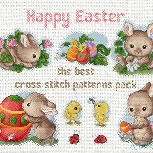 Happy Easter Cross Stitch Hat Pattern set Bunny, eggs, ladybug, chicks. DMC Chart Needlepoint Embroidery Printable PDF Instant Download Cute