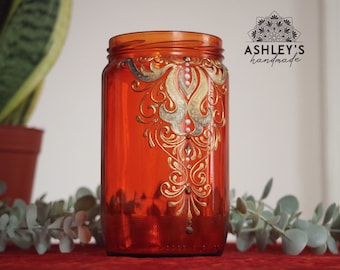 Orange Henna Jar Decor, Bohemian Style Stained Glass Vintage Retro Flower Vase Hand Painted Personalized Gift, Home Decor