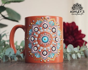 Orange Ceramic Mug with Hand Painted Dot Mandala