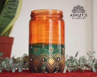 Orange and Green Henna Jar Decor, Bohemian Style Stained Glass Vintage Retro Flower Vase Hand Painted Personalized Gift, Home Decor