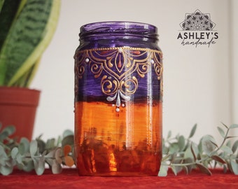 Purple and Orange Henna Jar Decor, Bohemian Style Stained Glass Vintage Retro Flower Vase Hand Painted Personalized Gift, Home Decor