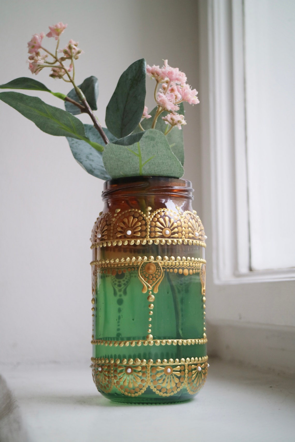 Green and Red Vintage Retro Henna Jar Decor, Flower Vase Hand Painted