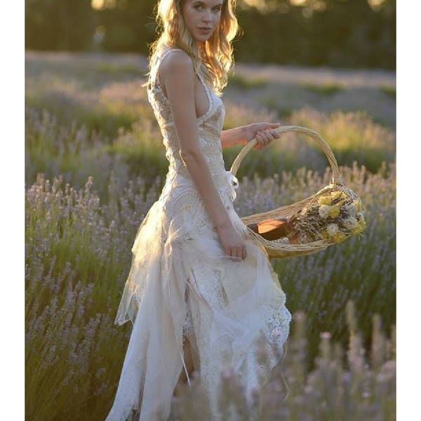 Reserved. Tattered lace up wedding dress dreamy romantic French country cottage chic ragged tattered woodland   Size 2 - 7/8