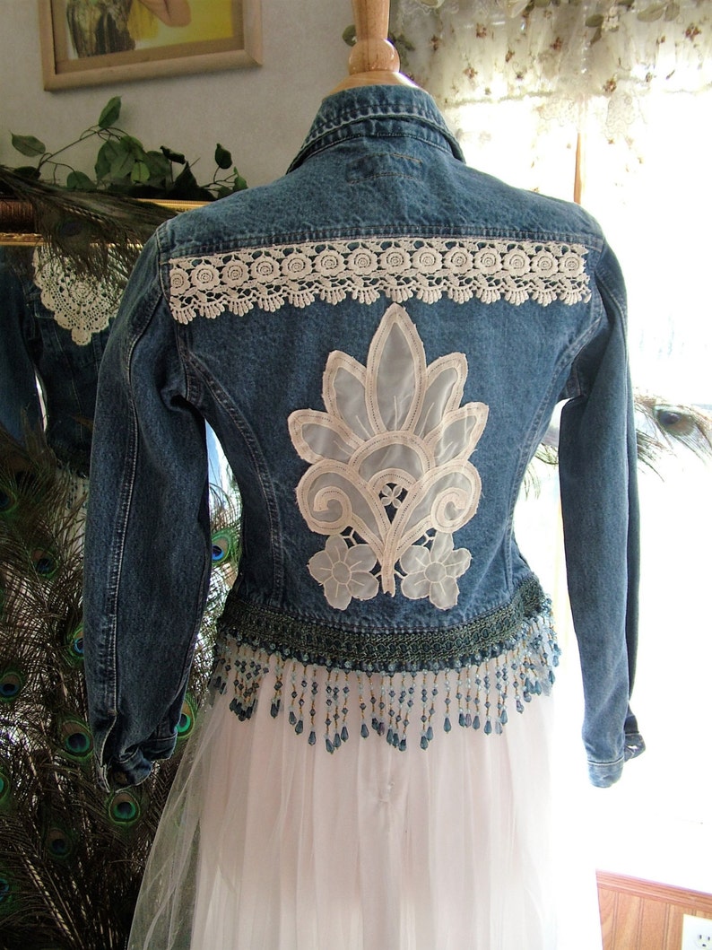 Repurposed denim jacket with added lace decor and fringe Etsy