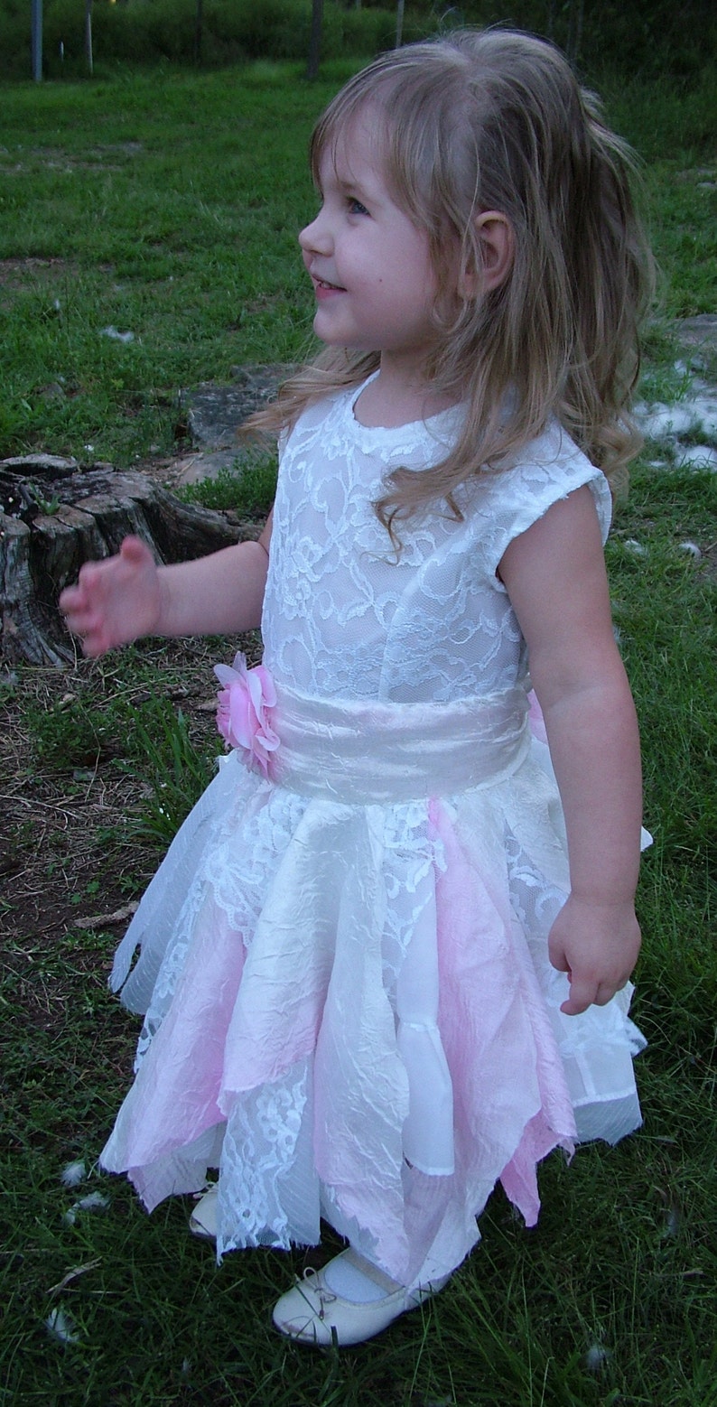 White pink flower girl wedding dress in this one of a kind tattered ragged shabby tie up flower girl or bridesmaids dress 3-5 yo