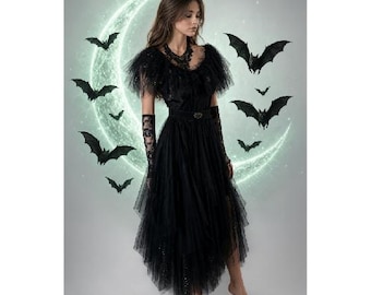 May include: A black dress featuring a layered tulle skirt, a ruffled bodice, and long lace sleeves. The garment is adorned with a decorative belt at the waist and is set against a background displaying a glowing crescent moon and flying bats.