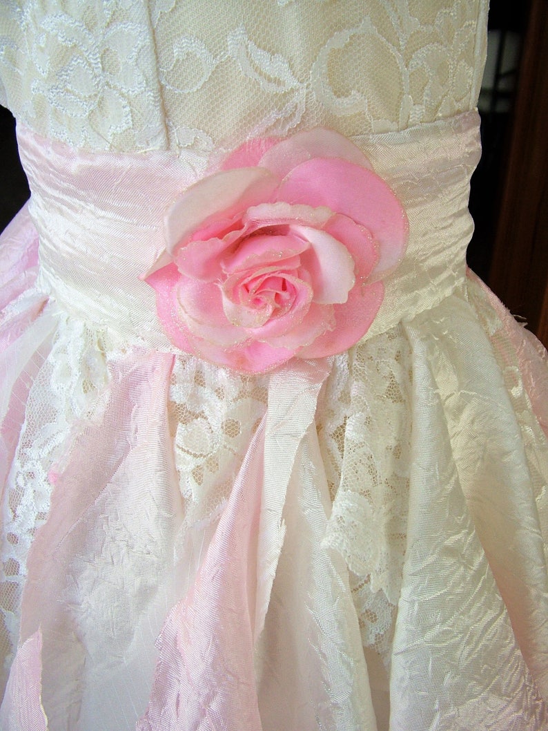 White pink flower girl wedding dress in this one of a kind tattered ragged shabby tie up flower girl or bridesmaids dress 3-5 yo