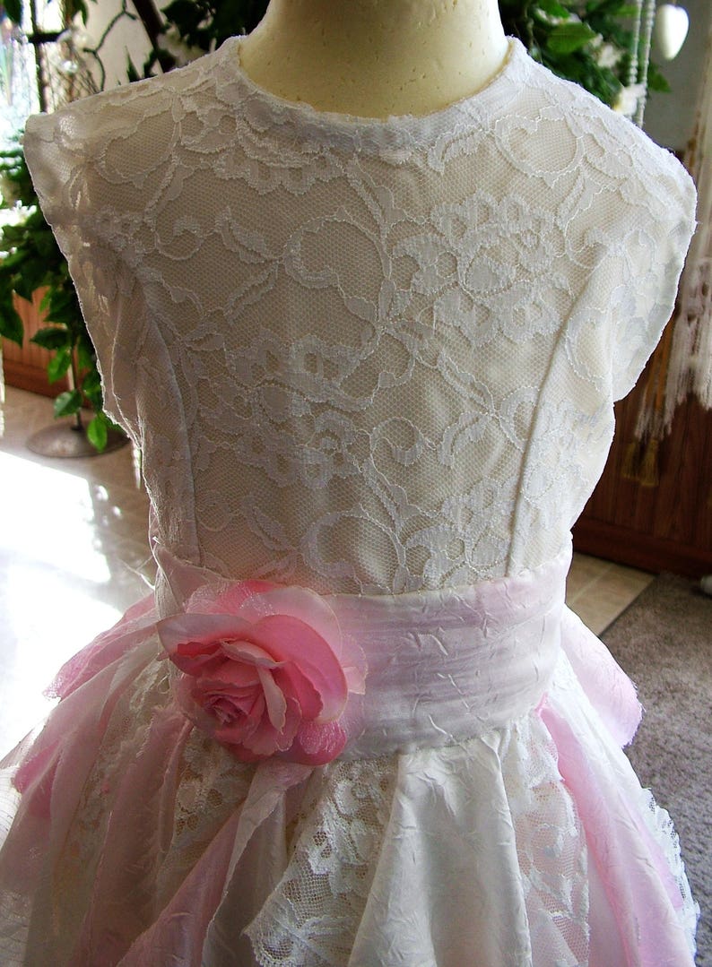 White pink flower girl wedding dress in this one of a kind tattered ragged shabby tie up flower girl or bridesmaids dress 3-5 yo