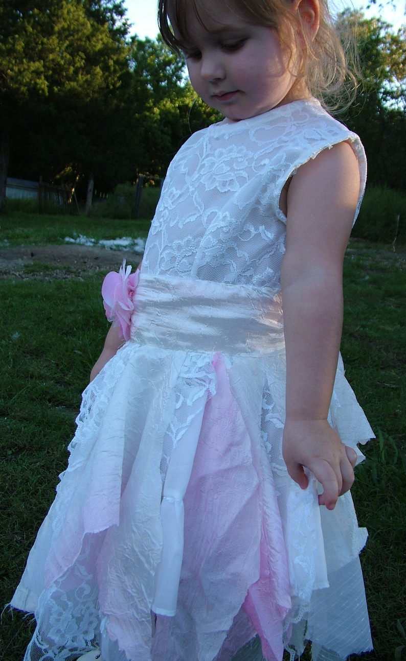 White pink flower girl wedding dress in this one of a kind tattered ragged shabby tie up flower girl or bridesmaids dress 3-5 yo