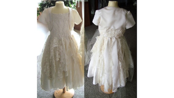White pink flower girl wedding dress in this one of a kind tattered ragged shabby tie up flower girl or bridesmaids dress 3-5 yo