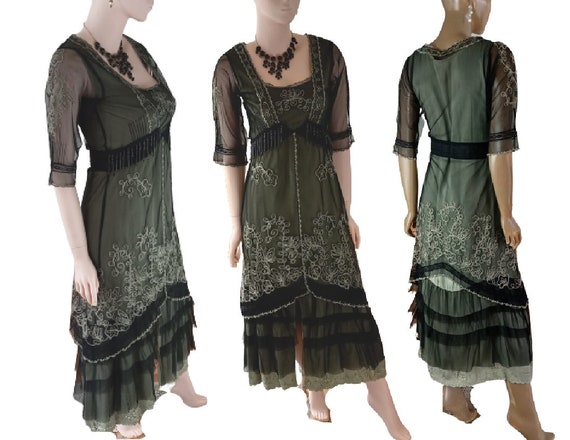 Vintage Style Black Sage Green Dress, Two Layer Dress, 1920's