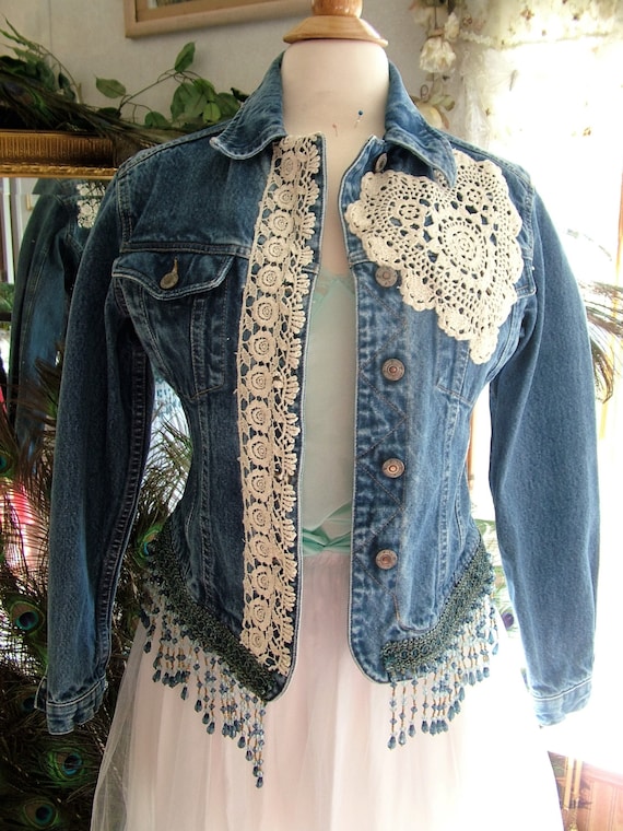 Repurposed denim jacket with added lace decor and fringe Etsy