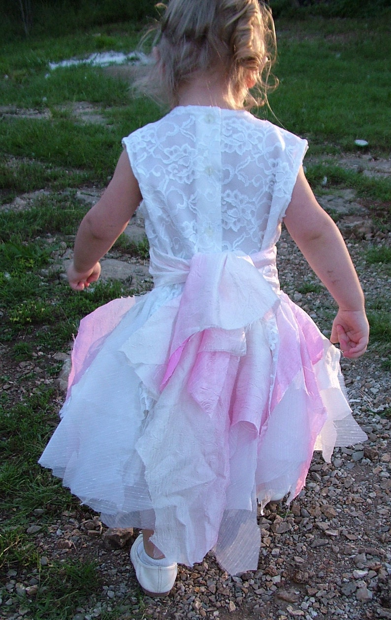White pink flower girl wedding dress in this one of a kind tattered ragged shabby tie up flower girl or bridesmaids dress 3-5 yo