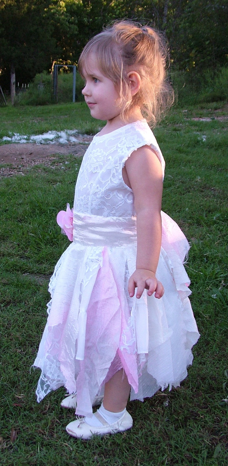 White pink flower girl wedding dress in this one of a kind tattered ragged shabby tie up flower girl or bridesmaids dress 3-5 yo