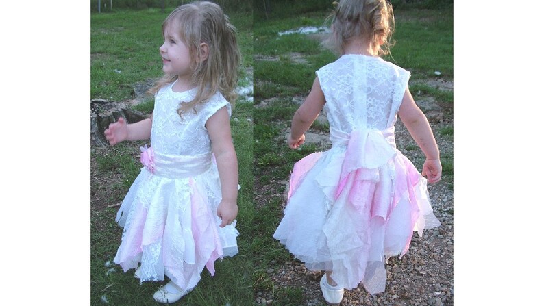 White pink flower girl wedding dress in this one of a kind tattered ragged shabby tie up flower girl or bridesmaids dress 3-5 yo