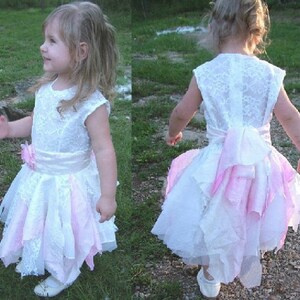 White pink flower girl wedding dress in this one of a kind tattered ragged shabby tie up flower girl or bridesmaids dress 3-5 yo