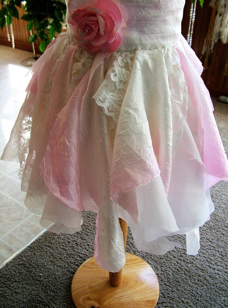 White pink flower girl wedding dress in this one of a kind tattered ragged shabby tie up flower girl or bridesmaids dress 3-5 yo