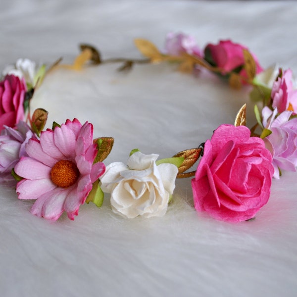 MARGUERITE ROSE CROWN, flower crown, gold flower crown, pink flower crown, flower girl, flower child, elastic flower crown