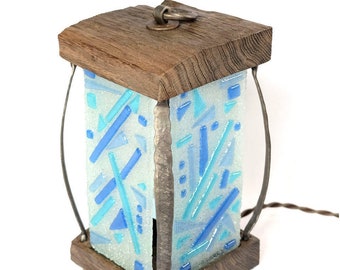 Handmade Glass & Wood Lantern Table Lamp by wrought iron details