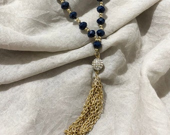 Blue and Rhinestone Tassel Necklace