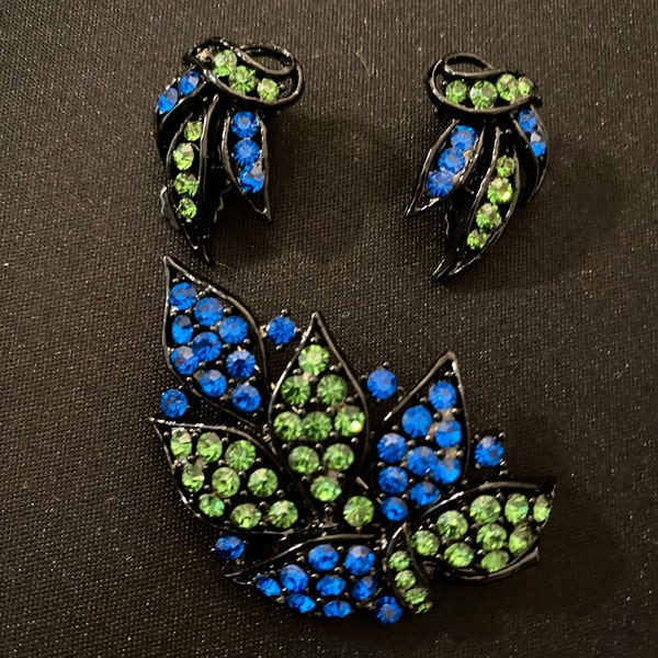 Green and Blue Japanned Brooch with Earrings