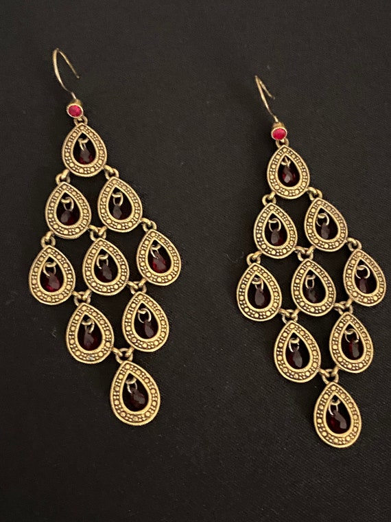 Gold and Red Articulated Tear Drop Earrings - image 2