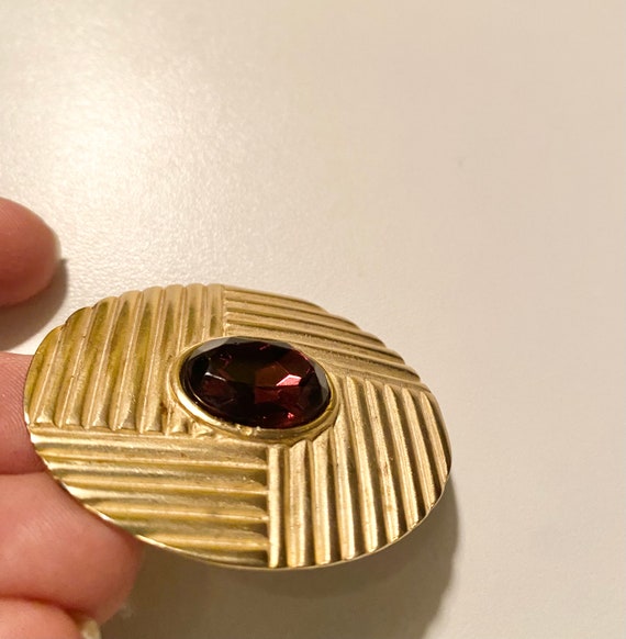 Mid Century Satin Gold and Purple Glass Brooch - image 3