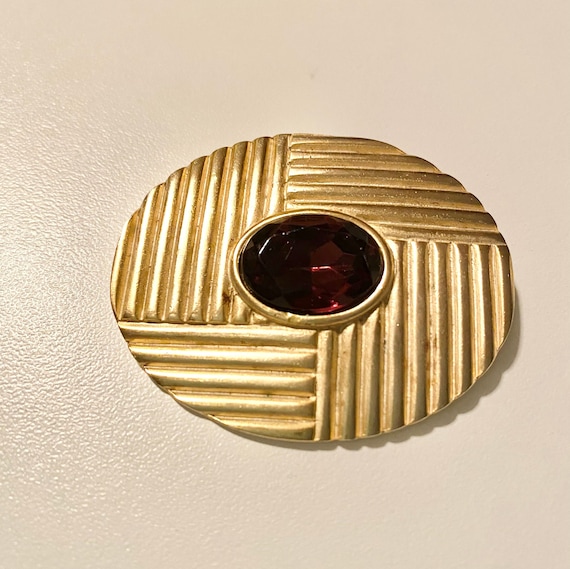 Mid Century Satin Gold and Purple Glass Brooch - image 1