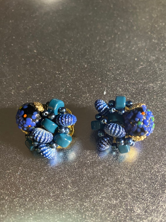 Variety Blue Bead Cluster Earrings Signed Vintage