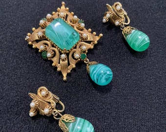Florenza Faux Flawed Emerald Brooch with Earrings