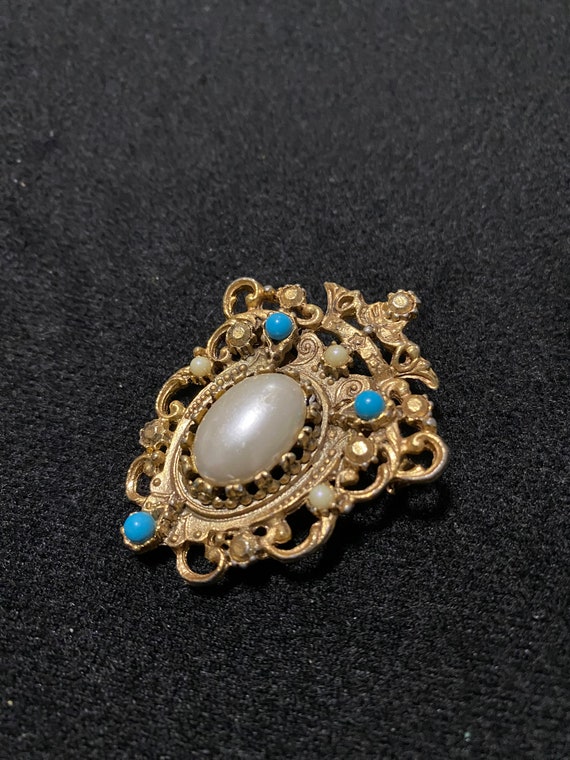 Pearl and Turquoise Shield Brooch - image 2