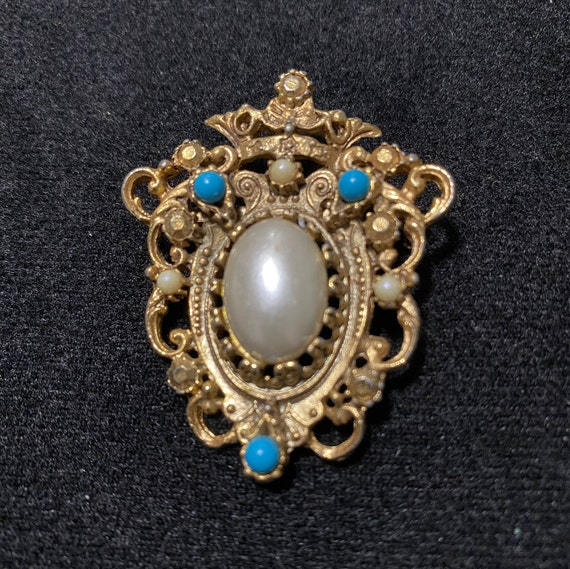 Pearl and Turquoise Shield Brooch - image 1