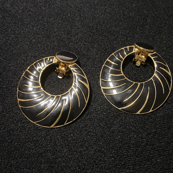 Black Enamel and Gold Hoop Style Earrings