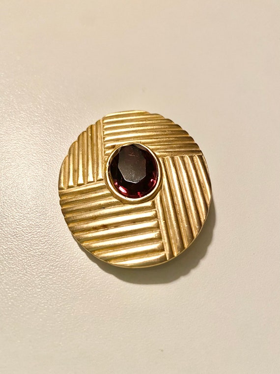 Mid Century Satin Gold and Purple Glass Brooch - image 2